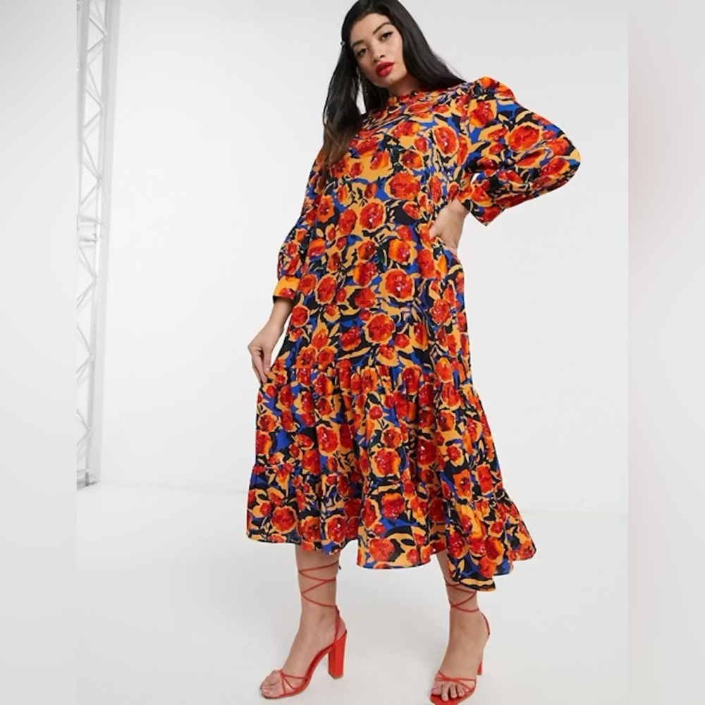 Never Fully Dress red floral print midi dress size‎ 4